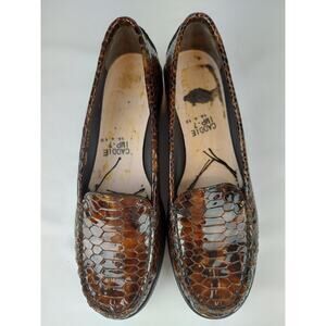 Stuart Weitzman Faux Reptile Patent Leather Brown Slip On Lug Sole Loafers 7 N